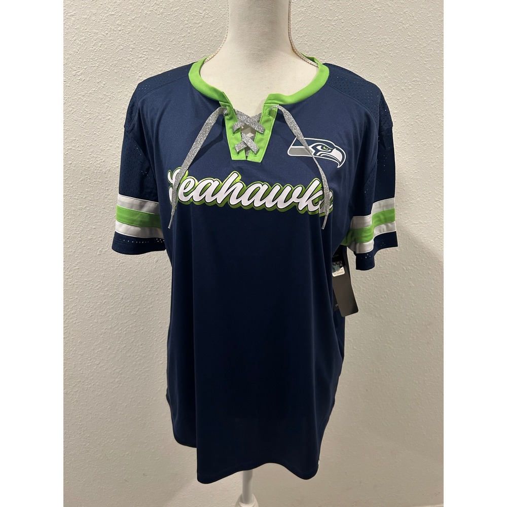 Fanatics Seattle Seahawks Women XL Lace Up Jersey Navy Blue Action Green NFL New